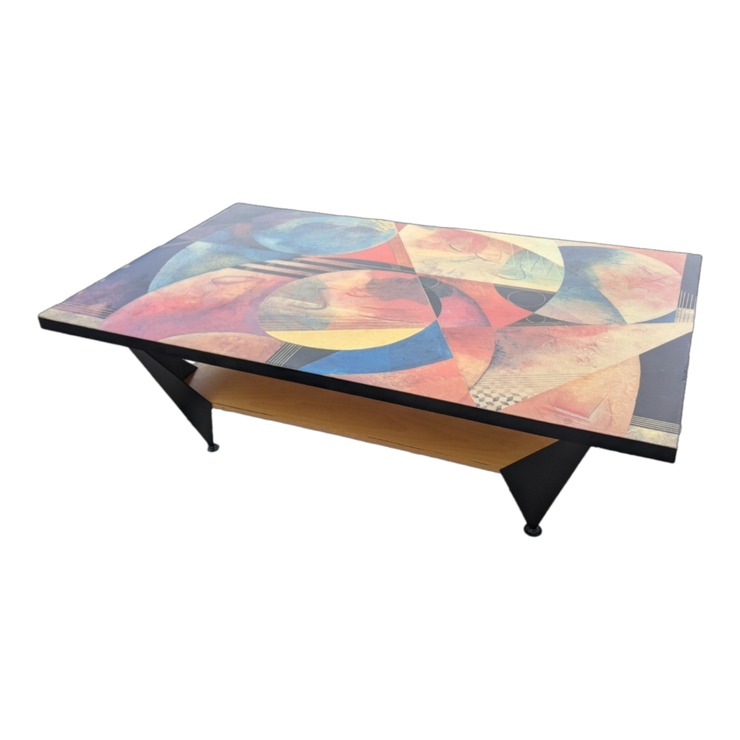 Vintage Postmodern Lacquered Coffee Table With Richard Hall Artwork Top